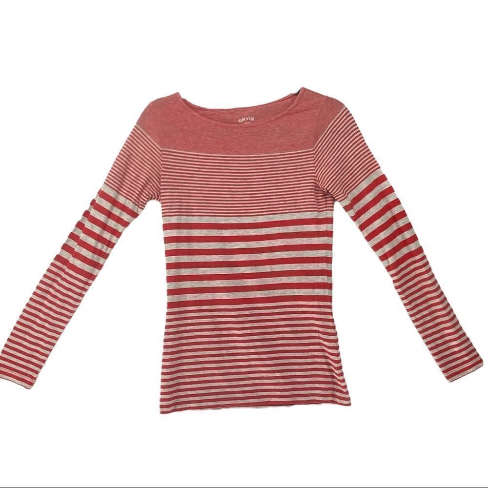 Orvis Small Gray and Coral Long Sleeve Stripe Shirt